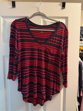 Merona Navy and Red Striped V-Neck Long Sleeve Top